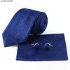 Designer Tiebrand Tie Silk Cufflinks Set Blue Pattern Formal Business Wedding Square Scarf A9y3