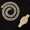 Colliers Hip Hop 15 mm 2pcs Kit montre + collier + bracelet bling cristal aaa + glacée chaîne cubaine chaînes de strass pour femmes bijoux