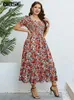 Urban Sexy Dresses GIBSIE floral print square neckline puff Slve dress for women plus size vacation bohemian beach pleated hem A-line summer long dress 2024 Y240402
