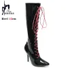 Boots 12CM MidCalf Boots Sexy Fetish Stiletto Heel Vintage Boots Knee High Laceup Pointed toe Shoes Size 46 In Stock Fast Shipping