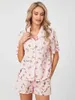 Femmes Survêtements Femmes Pyjamas Ensemble Short Et Haut Dessin Animé Mignon Imprimé Floral Manches Courtes Chemise Boutonnée 2 Pièces Jammies Loungewear