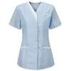 Women's T Shirts Uniform Scrubs Tops V-neck Short Sleeve Pockets Overalls Patchwork Color Nursing Working Workwear