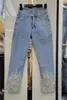 Kvinnors jeans 2024 sommar europeiska varor tunga pärlor beskurna mager byxor mode all-match temperament streetwear byxor