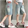 Shorts Teenage Girls Summer Fashion Elastic Waist Cotton School Denim Knee-Length Pants Kids 4 6 8 10 11 12 13 14 Year Drop Delivery B Otp8N