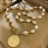 Colgantes Natural gran barroco perla de agua dulce elegante moneda de oro retrato colgante femenino collar joyería para mujeres cadenas regalos de cumpleaños