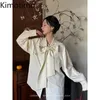 Kvinnors blusar Kimotimo Bow Ribbon Långärmade skjortor Kvinnor Fransk stil Solid Loose Office Ladies Tops 2024 Spring Elegant All Match