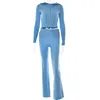 Solid Sticked 2 Piece Set Women Tracksuit Långärmad dragkedja Huvtröja Jackor Crop Top Flare Pants Stretchy Matching Suit 240326