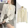 Bow Tie Tops Women Korean Style Design Clothes Flare Sleeve Elegant Office Lady Cute Ribbon Sweet Basic Shirts Blouses 1627 240327