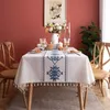 Table Cloth European Classical Blue And White Porcelain Embroidered Tassel Polyester Linen Tablecloth Rectangle Tea TV Cover