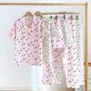 Vêtements à domicile 2024 printemps / été pour femmes pyjamas 3 pièces Coton crêpe à manches courtes Shorts Pantalon de style princesse