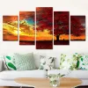 5 Panneaux Red Tree Landscape Canvas Paining, Automn Feuilles imprimés, affiches de coucher de soleil, art mural pour décoration de salon, Cuadros