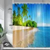 Cortinas de chuveiro cães de coco da paisagem oceânica ondas marinhas praia cenário havaiano jardim parede pendurada nos ganchos de decoração do banheiro