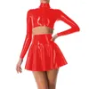 Work Dresses Sexy Wet PVC Leather 2 Piece Sets For Women Glossy Long Sleeve High Neck Crop Tops Waist A-line Mini Skirts Party Outfits