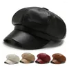 Basker Solid Color Beret Octagonal Cap Stylish Faux Leather for Women Retro Sun Protection Hat With Short Brim Spring