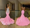 Sparkling Ctysals Rhinestones Pink Mermaid Evening Dresses For African Women Glitter Sequined Slim and Flare Special Occasion Prom Gowns Plus Size Vestidos CL3452