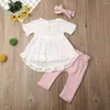 Vêtements d'été pour bébés filles, vêtements d'été à manches courtes, hauts en dentelle ajourée, ceinture élastique, pantalon à nœud papillon, bandeau 3 pièces, tenues