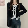 Women's T Shirts Autumn Winter Temperament French Lace Long Sleeve Women T-shirts Black Slim Fit Knitted Tops Solid Color Sexy Woven Tees