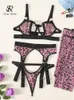 2024SS BRAS SETS SINGReiny Fashion Leopard Erotic Underwear Hollow Out Skinny Shapewear Set Ladies Print Porno Sheer Lingerie 4 Pieces Suits