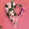 装飾的な花2024バレンタインデーハートリース人工ピンクローズラブボウドアロムンティックウェディングハッピーバレンタインパーティーの装飾