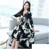 Basic Casual Dresses Evfer Women Spring Autumn Horse Print High Waist Za Long Dress Female Fashion Turn-Down Collar Animal Shirt 21042 Dhsmz