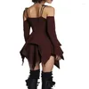 Casual Dresses Retro Milk Silk Patchwork Off The Shoulder Long Sleeved Irregular High Waisted Suspender With Ruffle Edge Dress