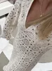 Sweet Hook Flower uitgehold midi -jurk voor vrouwen sexy V nek lange flare mouwen losse vestidos vrouwelijk feest elegant gewaad 2024 240403