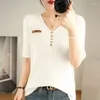 Women's T Shirts T-shirt Summer Worsted Sweater Short Sleeve Casual Solid Color V-Neck Ladies Tops Loose Blouse Pullover Tees Buttons