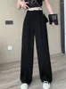 Calça feminina Cantura alta Terno preto Perna larga Primavera completa verão feminino elegante minimalismo liso calças soltas 2024