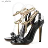 Dress Shoes High Quality Patent Leather Summer Womens Sandals Fashion Open Toe Metal Chain Ankle Strap Sexy Stiletto Heels Ladie H240403KMNV