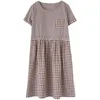 2023 Vintage Mori Girl Style Plaid Patchwork Midi Dress Summer Short Sleeve Casual Aline oneck Fashion Pockets Folds jurken 240403