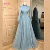 Muslime Tulle Vestidos de noite de pescoço alto Aplicado mangas compridas Modestas Modestas Mulheres de Prom Casamento Roupas de Convidado 240401