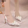 Boots Summer White Sandals 2023 Hand Made Pearl Lace Wedding Women Heels Bridal Shoes Elegant Ladies Pointed Toe High Heels