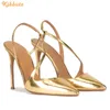 Klänningsskor Solid färg PU Cross Back Rem Sandaler Kvinnor Fashion Summer Shine Leather Pumps Slip On Point Toe Stiletto Heels