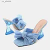 드레스 슈즈 Liyke New Butterfly-Knot Blue Womens Strange Style Transparent High Heels 슬리퍼 샌디에이터 샌들 스퀘어 발가락 여성 H2404035M56