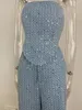 Fashion Sequins Denim Set Women Axel Trapless Tunic midja Crop Top och Wide Leg Pant Suit 2 Piece Set Outfits Tracksuit 240320