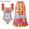 Женские купальники 2024 Новый винтажный цветочный лимонный принцип Ruffled One Piece Swimwear и лыжные летние каникулы женского пляжного костюма J240403