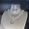 2st Luxury Bridal Wedding Halsbandörhängen Vattendropp Zirkonsmycken Set för kvinnor Silver Color Bride Party Prom Accessories 240401