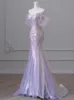 18158IENA Vestido de noche de mujer de sirena con cuentas de lentejuelas láser púrpura con mangas abullonadas, vestido de fiesta de cola de tul con perlas y borlas 2023 240401