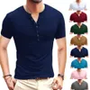 Summer New Men's Clothing Henley Shirt Short Sleeved Men's T-shirt Solid Color Top Men's