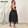 Casual Dresses CM. Women Sexy Party Maxi For 2024 Diamonds Rhinestones Strapless Big Swing Mesh Cascading Ruffles Long Dress