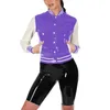 Damesjassen Shiny Wetlook PVC Leather Patchwork lange mouw jassen Mock nek knopjack faux latex dames straat feestclub varsity