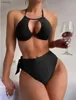 Swimwear 2024 Découpe Push Up Bikini Solid Halter Swimsuit Femmes High Wistrwear Bathers Females Bathing Swimming Swim Swimwear Y240402