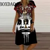 Casual Dresses Summer 3D Flower Print Dress For Women Terror Skull Overize Loose V-Neck kort ärm Street Fashion Party kläder