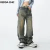 Damesjeans Reddachic Retro 90s Skater Baggy For Women Bicolor Frayed Oversize broek broek Patchwork Vintage Y2K Koreaanse streetwear