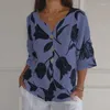 Bluzki damskie bawełniany lniany v szyja guziki bluzka 2024 wiosna moda kwiatowy nadruk top pullover jesień 3/4 luźna koszula harajuku