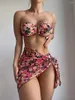 Women's Swimwear Floral Print Strapless Bikini 2024 Women With Beach Skirt U Wire Female Swimsuit Beachwear Bathing Swimming Swim Suit