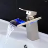 Bathroom Sink Faucets OIMG Chrome LED Basin Faucet Waterfall Temperature Colors Changing Wash Glass Taps Mixer Tap Deck Mounted