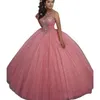 Glitter Baby Pink Quinceanera Dresses Sequined Tulle Ball Gown Floor Length Prom Special Occasion Wear Crystal Beaded Sleeveless Long Princess Sweet 16 Dress