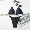 Women's Swimwear Sexy Black Micro Thong Bikinis Set String Halter Swimwear Women Metal Chain Swimsuits Bathing Suit Triangle Bikinis 2024 Mujer Y240402