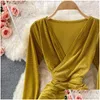 Grundläggande casual klänningar koreansk stil elegant klänning kvinnor v-ringning långärmad höst vinter veet y kväll party vestidos droppleverans app dhiml